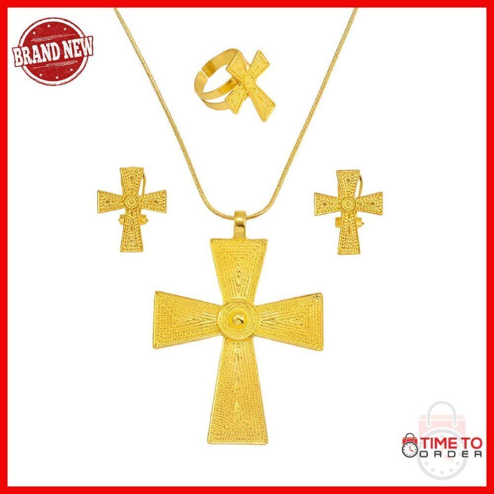 14K Gold Filled Ethiopian Cross Jewelry Set Necklace Earrings Rings
